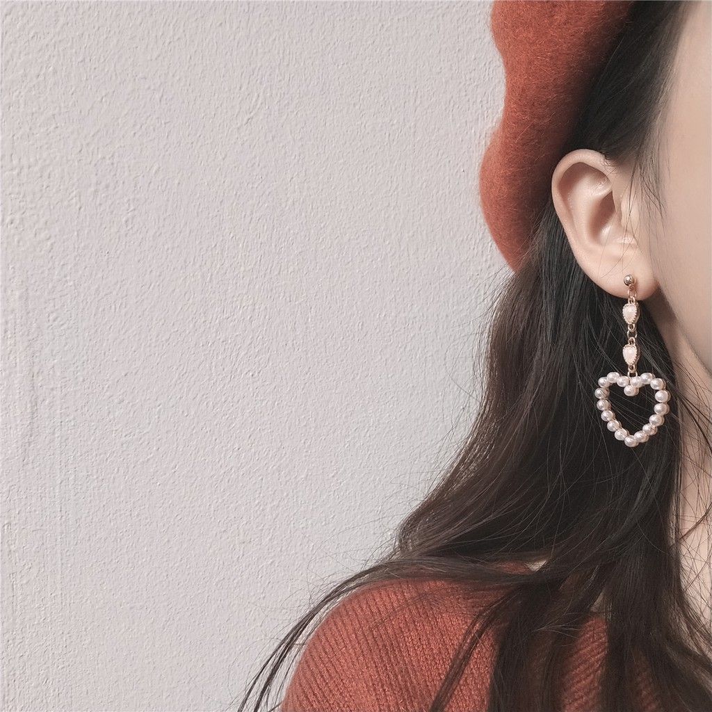 Khuyên tai kẹp không bấm lỗ chốt điều chỉnh K075 bằng hợp kim mạ vàng hình trái tim đính hạt trai bigsize dáng dài Leous