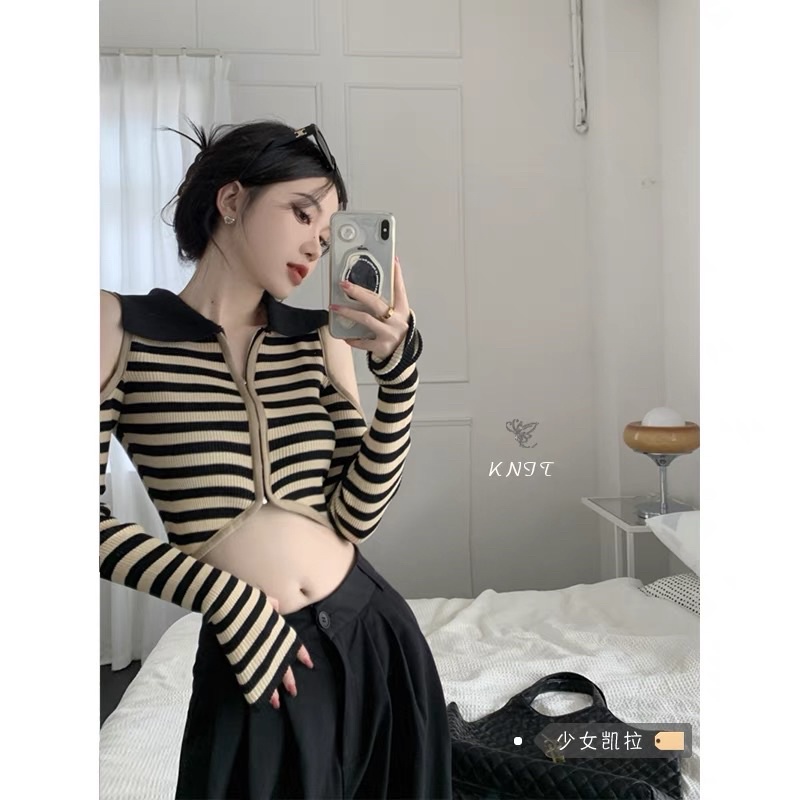 áo len dệt kim cổ bẻ kéo khoá kiểu hở vai (50058#)