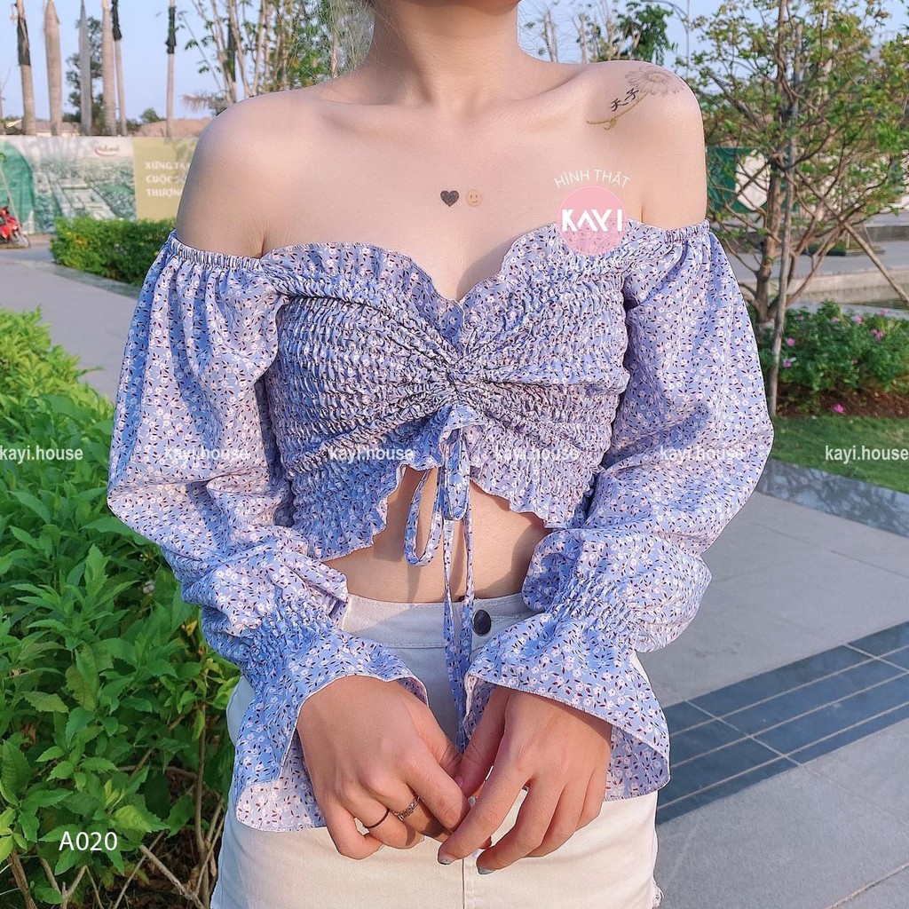 Áo trễ vai tay dài hoa - ảnh thật - A020 | BigBuy360 - bigbuy360.vn