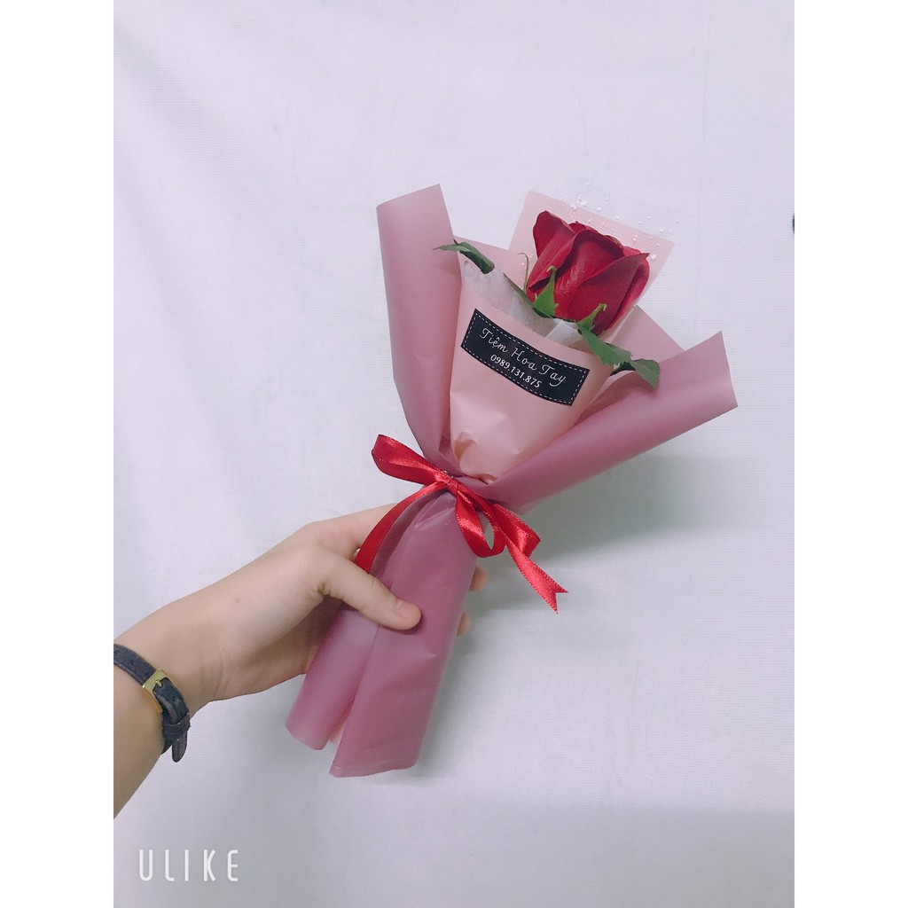 Bó hoa hồng sáp thơm 1 bông mix lá giấy gói tông hồng nude siêu đẹp làm quà tặng cực dễ thương