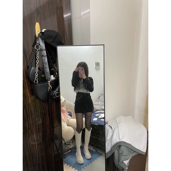Giày boots nữ da lì cao cổ chữ V đế ulzzang