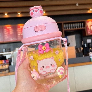 Bình nước 435ml kèm ống hút và dây đeo dễ thương