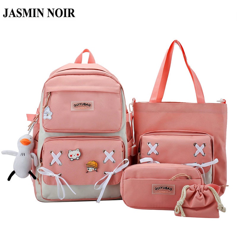 Set 4 Ba Lô JASMIN NOIR Túi Ví Canvas Họa Tiết Hoạt Hình Dễ Thương Cho Nữ