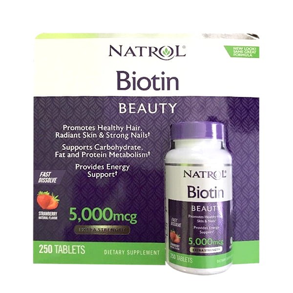 [ Sẵn Hàng ] Thuốc mọc tóc Biotin 5000 mcg ngậm hương dâu Mỹ hộp 250 viên