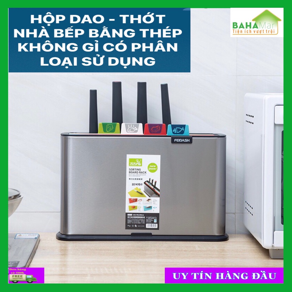 HỘP DAO - THỚT NHÀ BẾP BẰNG THÉP KHÔNG GỈ CÓ PHÂN LOẠI SỬ DỤNG "BAHAMAR" bộ 4 dao bằng thép không gỉ và 4 thớt khác màu