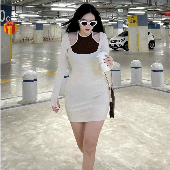 Đầm gân tay dài kiểu yếm 2 màu phối , ôm body cực xinh , chất thun gân mềm mịn