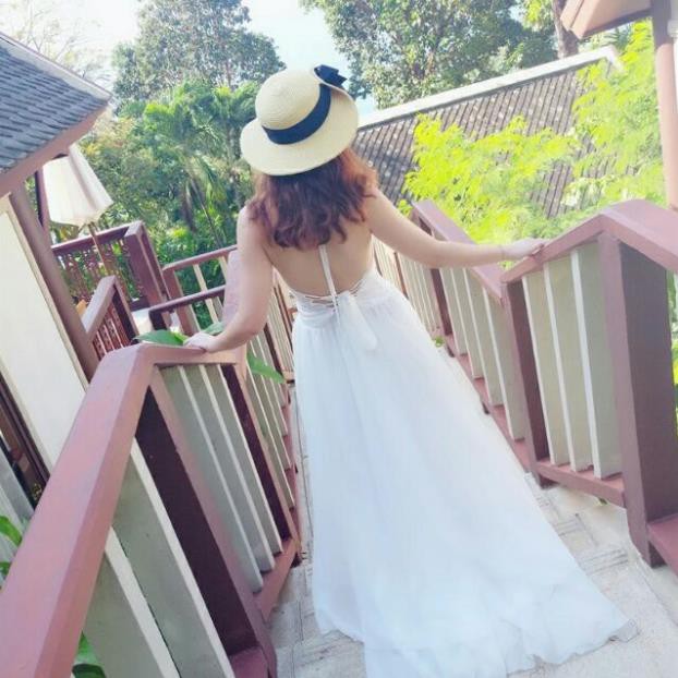 Sẵn đỏ trắng Váy maxi hai dây hở lưng xẻ đùi / váy maxi cổ yếm  boho đỏ trắng  ྇