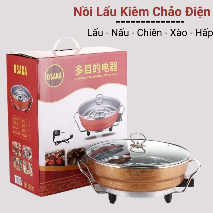 Nồi lẩu điện đa năng thiết kế chống dính cao cấp thế hệ mới nồi lẩu kiêm chảo điện mini họa tiết đẹp kèm rổ hấp Angola