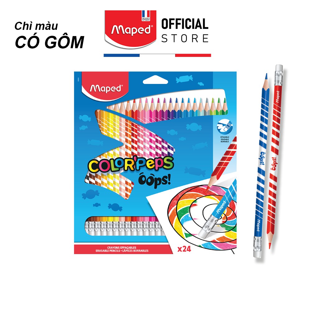 Chì màu Maped đầu gôm Oops - 12/24 màu/hộp (có thể gôm tẩy được)