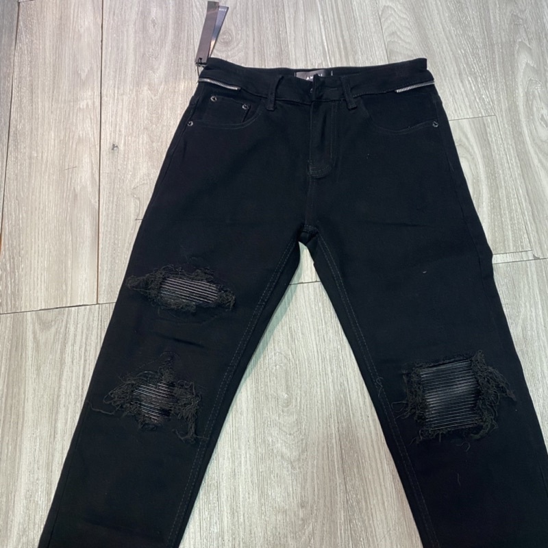 Quần bò Amiri ống côn vá da khoá cạp siêu chất 2907-2373, quần jean nam rách gối dễ mix đồ