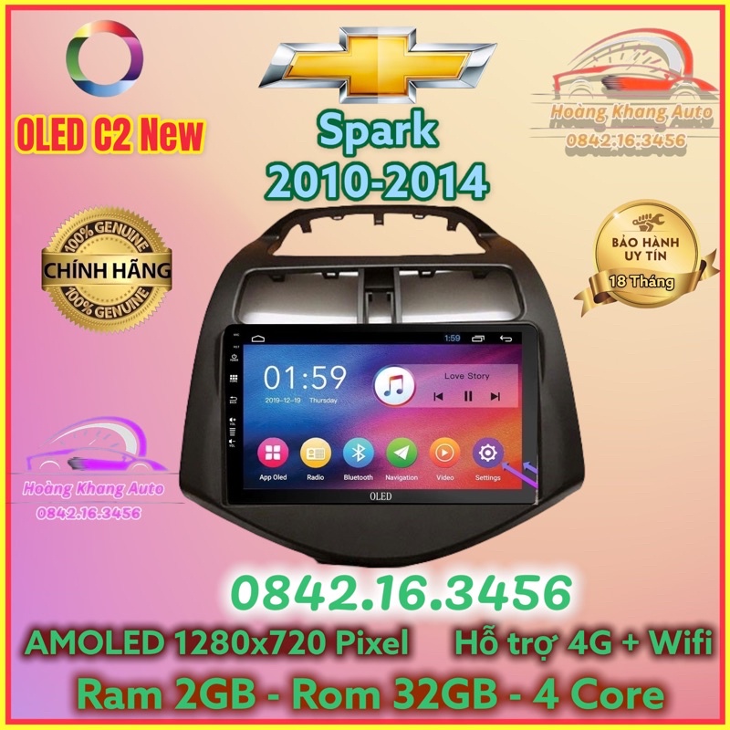 Màn hình Android OLED C2 New Theo Xe SPARK 2010 - 2014, 9 inch kèm dưỡng và jack nguồn