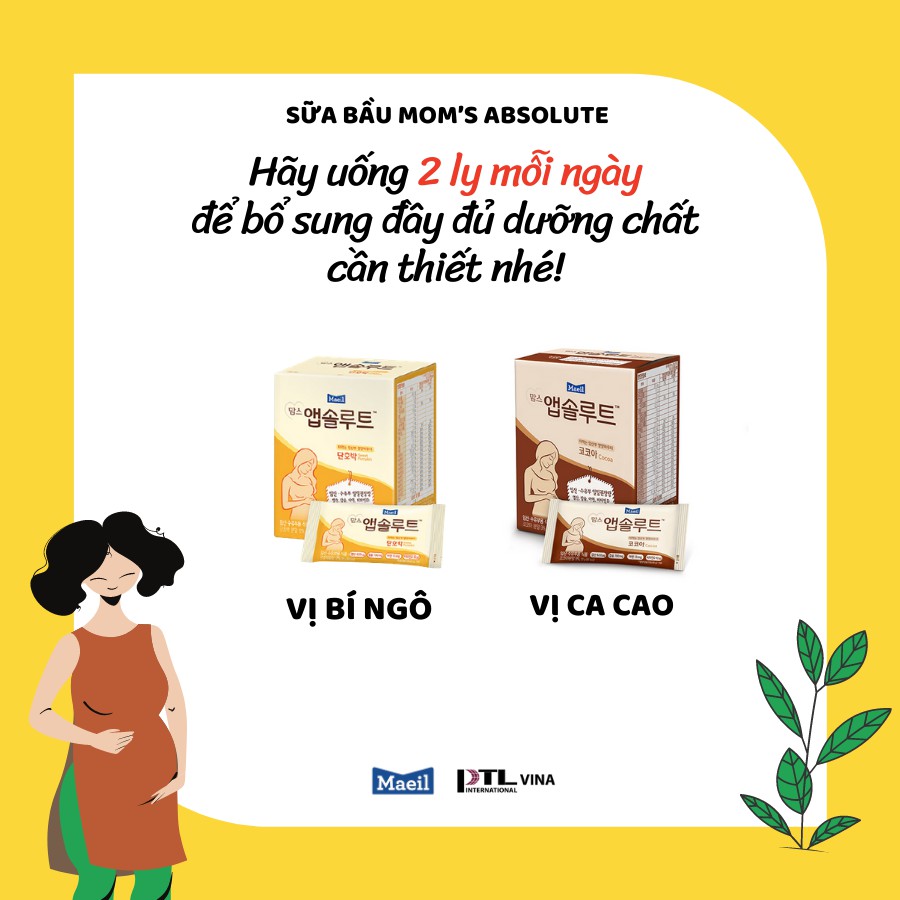 Sữa Bầu MAEIL Mom’s Absolute Hàn Quốc Hương CaCao, Bổ Sung DHA Sắt Canxi Vị Ngon Dịu Dễ Uống  (10 Gói x 20g)