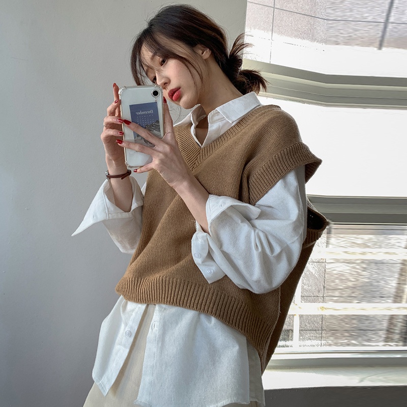 (ORDER) Áo Gile len dệt kim cổ V màu trơn basic form thụng dáng ngắn vừa style Hàn Quốc vintage (HÀNG_ORDER)