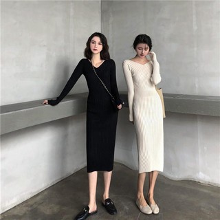 (order) Váy len gân dáng suông, cổ V- Quảng châu