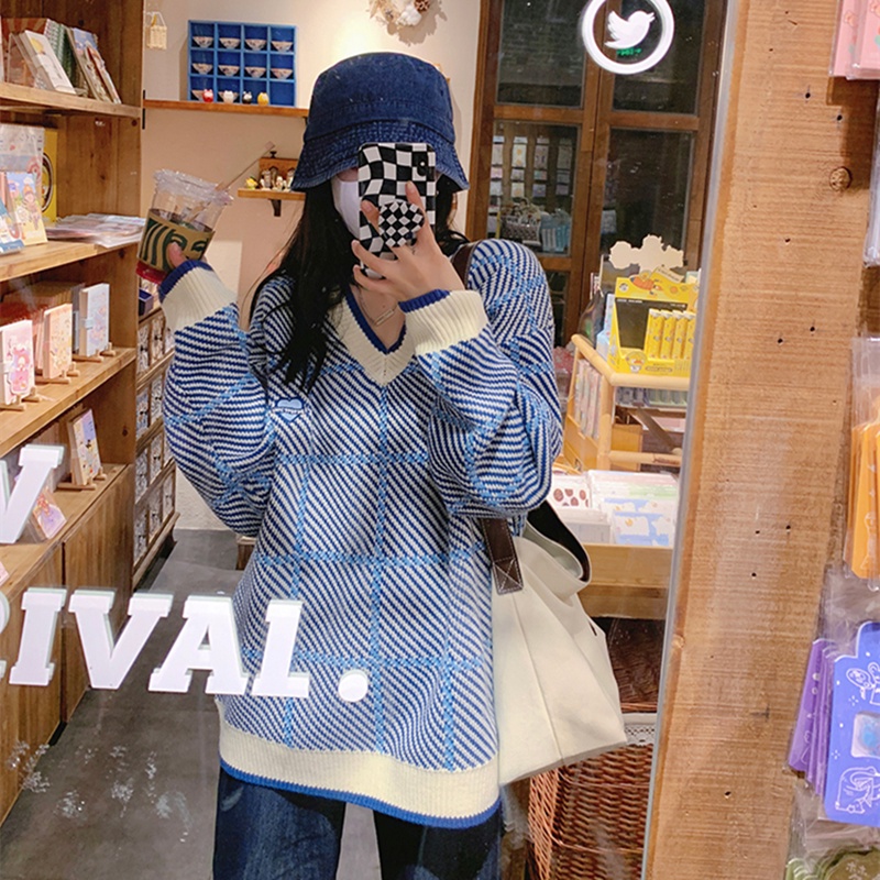Áo sweater SUXI dệt kim cổ v dáng rộng kẻ sọc kiểu vintage thời trang mùa thu cho nữ