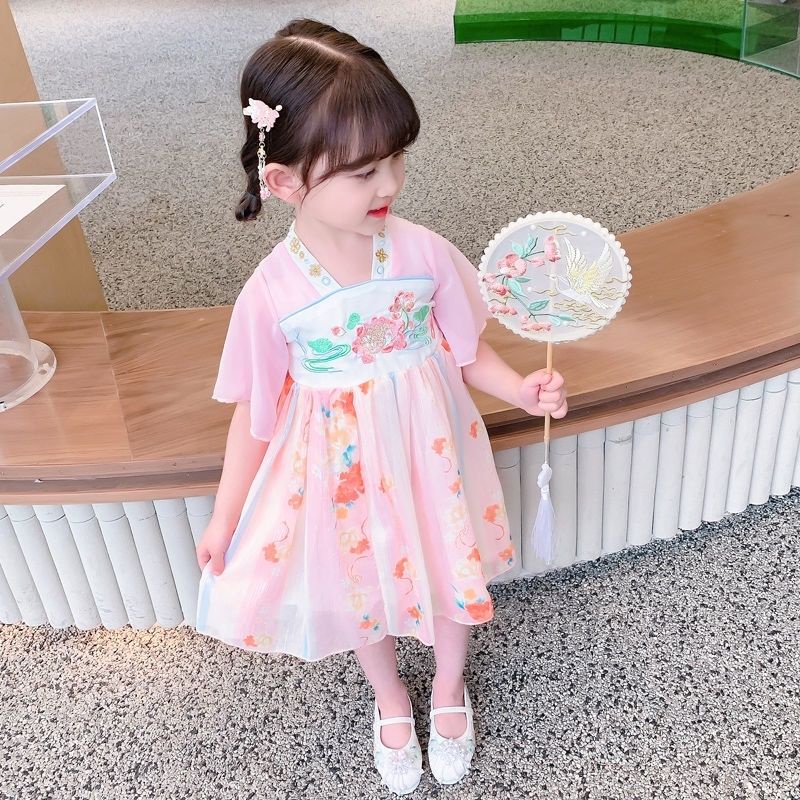Đầm Hán Phục Tay Ngắn Phối Lưới Thêu Họa Tiết Phong Cách Trung Hoa Mới 2022 Cho Bé Gái
