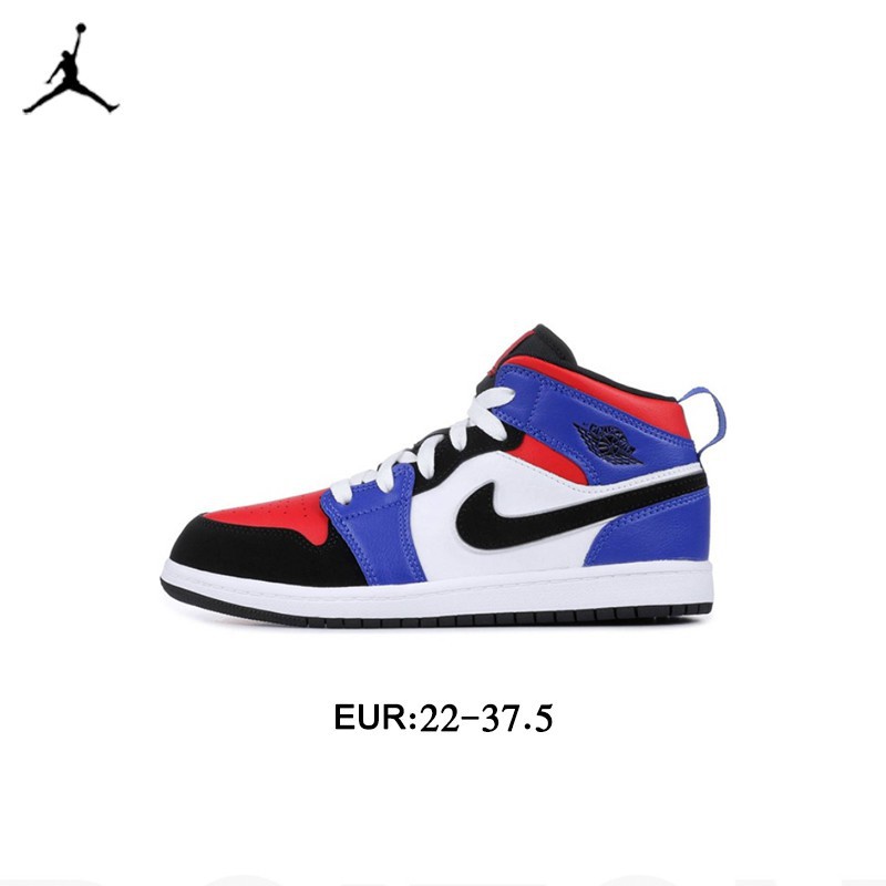 * Ưu đãi đặc biệt * Giày trẻ em Original Air Jordan 1 Mid "Blue White Red" Giày thể thao trẻ em cổ điển Giày bóng rổ Giày thể thao thời trang Baby Kids Boy Girls Giày Sneakers Giày mới