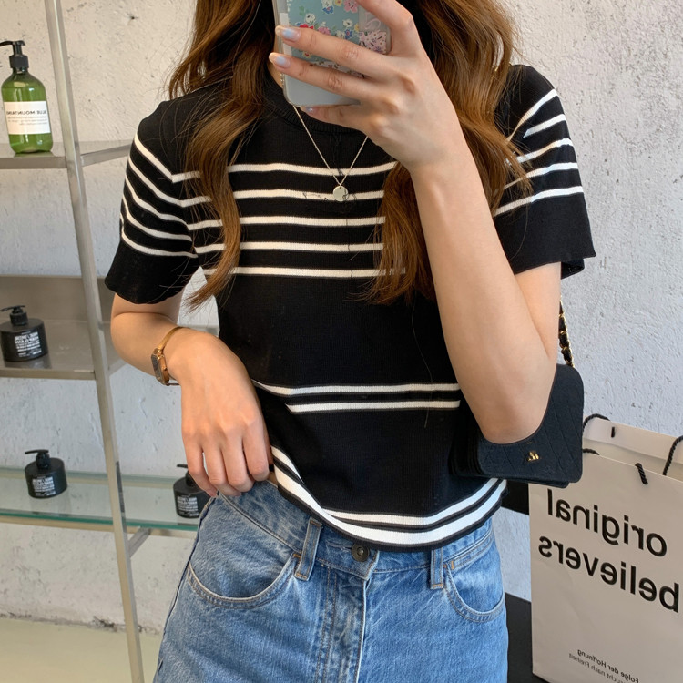 Áo thun dệt kim tay ngắn kẻ sọc phong cách mới thời trang cho nữ 43173