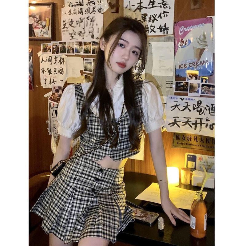 Set Áo Tay Phồng Kẻ Sọc Caro + Chân Váy Xếp Ly Sành Điệu Thời Trang Hè Cho Nữ