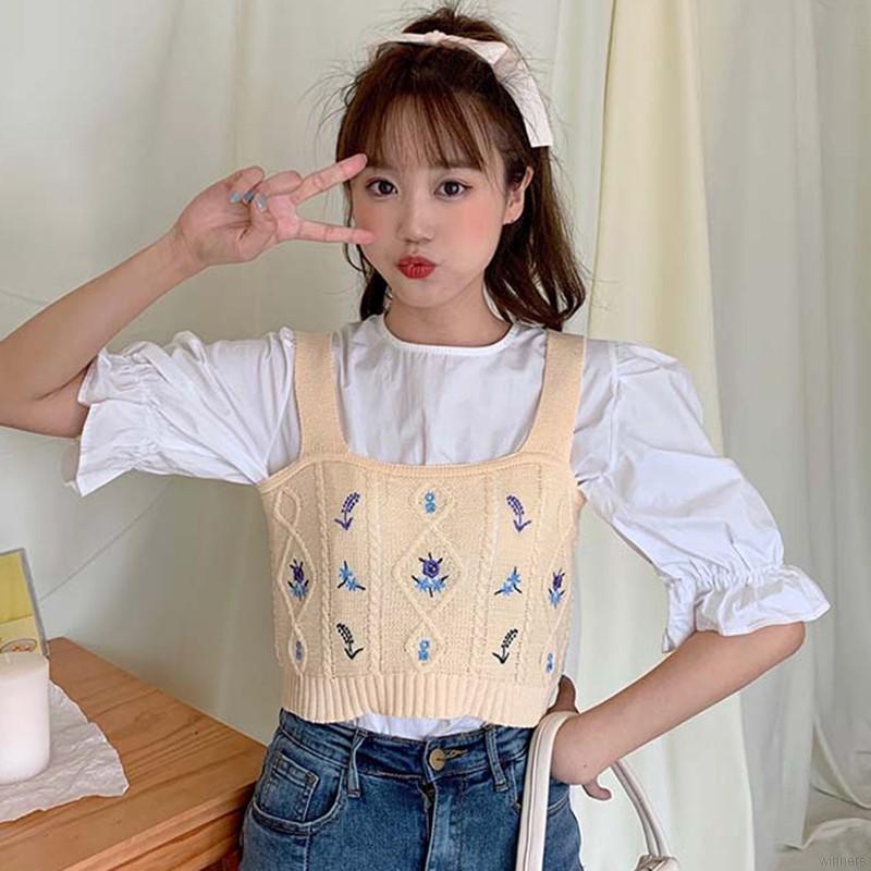 Women Knitted Tank Tops Floral Embroidery Camisole Summer Suspender Crop Top | BigBuy360 - bigbuy360.vn