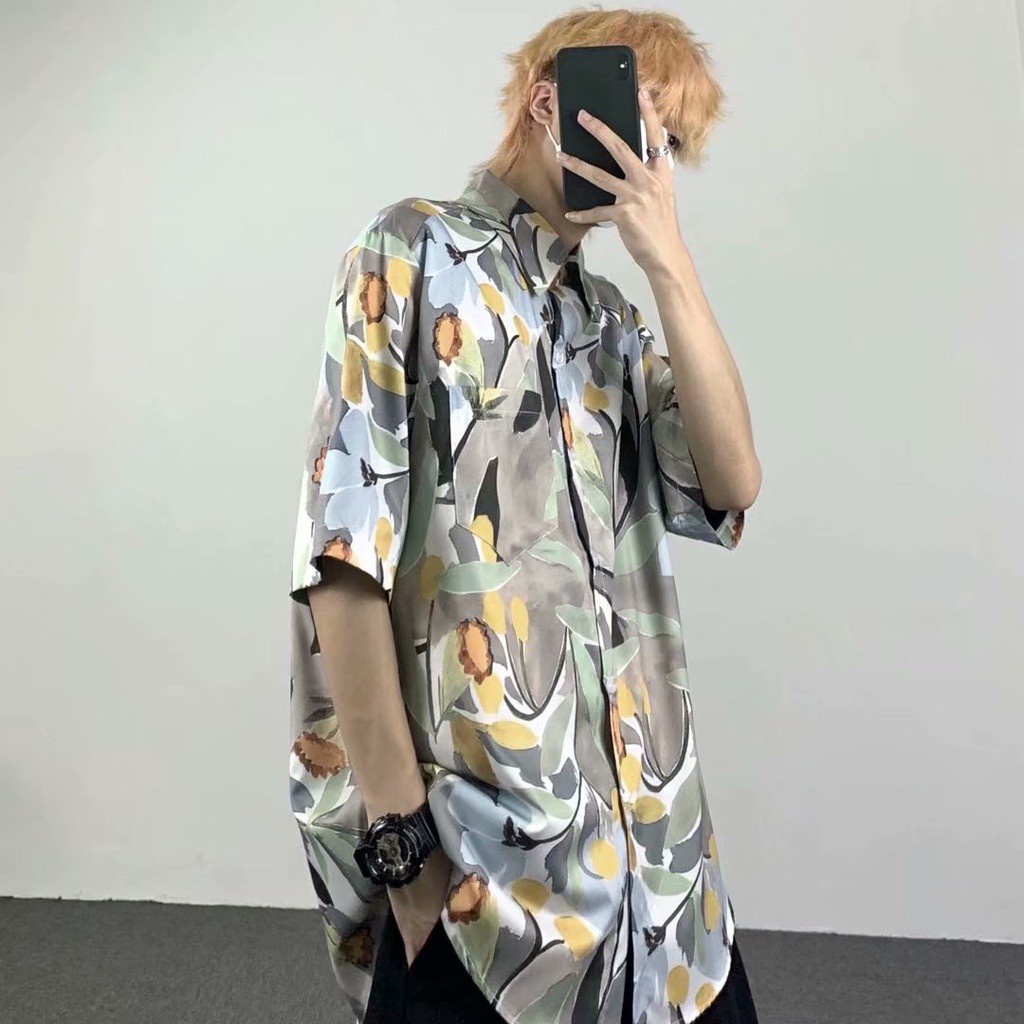 Áo Sơ Mi Lụa Lạnh Tay Ngắn Dáng Rộng In Hoa Phong Cách Retro Hàn Quốc Dành Cho Nam Giới