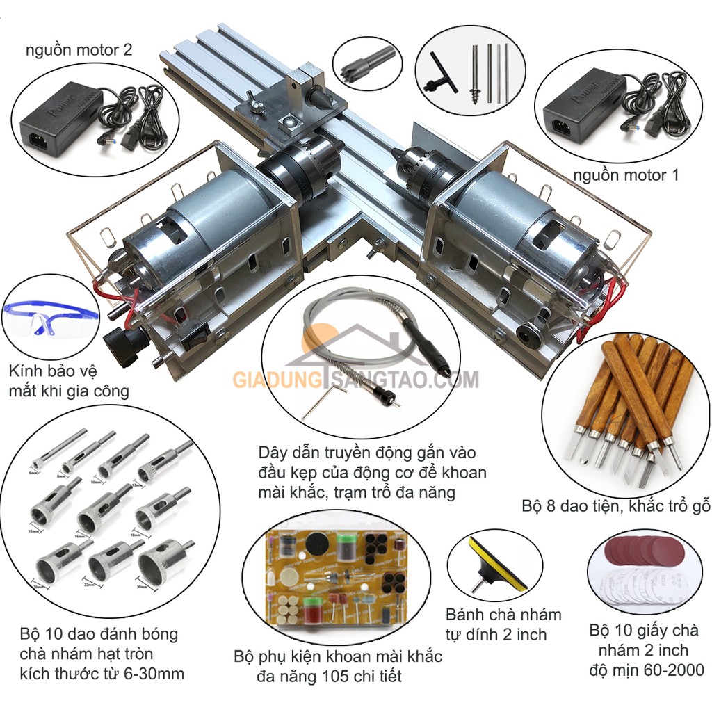 Máy tiện hạt gỗ, hạt vòng, hạt chuỗi gỗ mini 2 motor kiêm khoan mài khắc đa năng