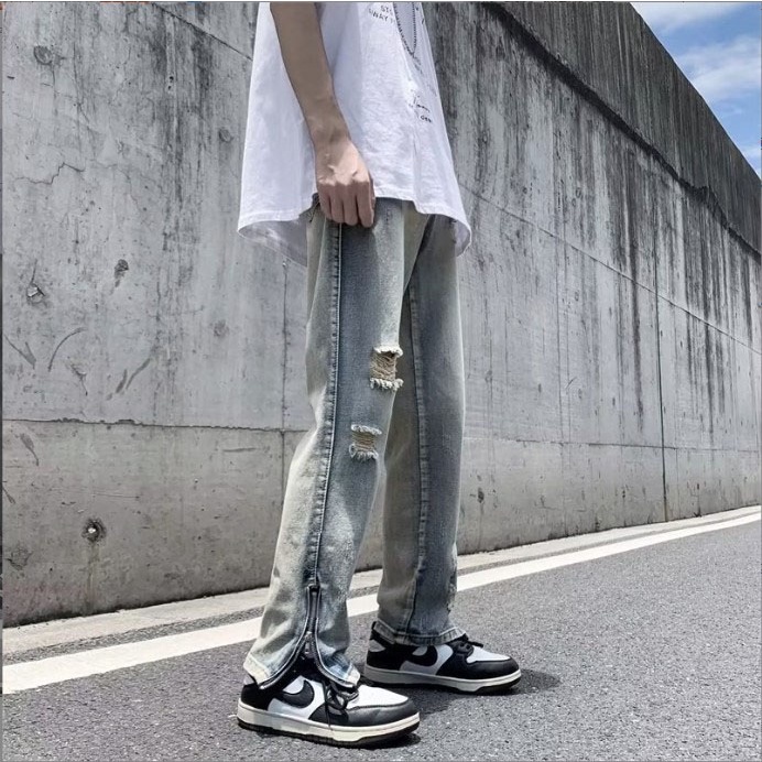 Quần bò ống suông nam nữ unisex khóa zip ống rách gối màu xanh bạc nhạt đẹp mới hà nội hcm n951 Pon.mens