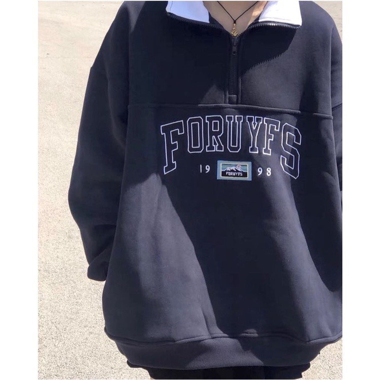 Áo sweater nỉ bông thêu chữ cổ phối màu form rộng tay dài vanmiushop