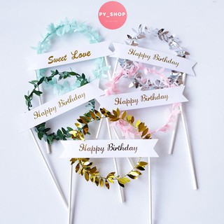 Que cắm vòng nguyệt quế HPBD trang trí bánh kem, set cắm bánh