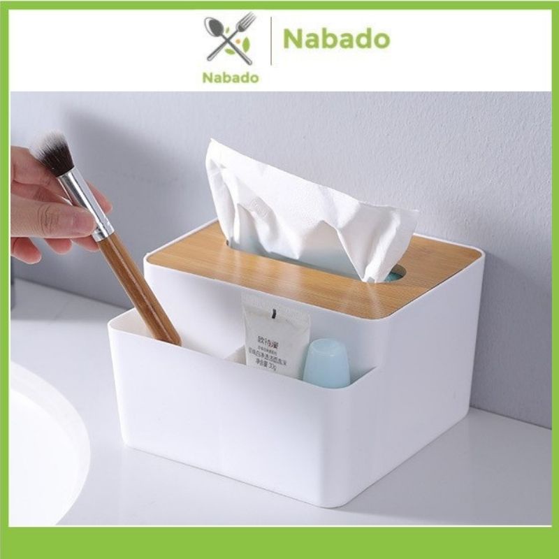 Hộp đựng giấy ăn để bàn có hai ngăn để đồ đa năng Hộp khăn giấy nhựa nắp vân gỗ