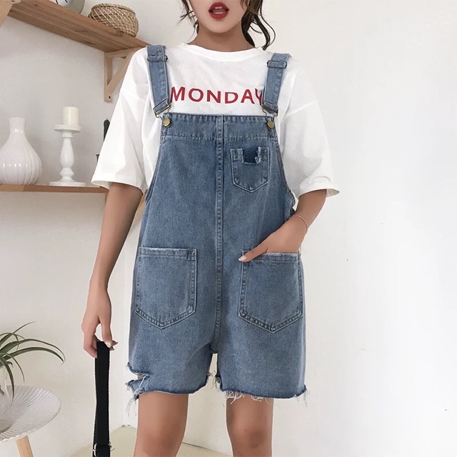 (Order-ảnh thật) có bigsize Quần yếm jeans lửng rách đùi phối 2 túi ullzang 2019