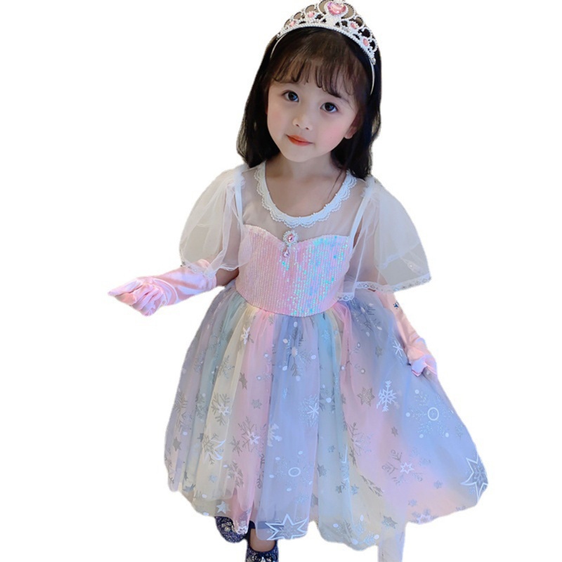 Đầm Công Chúa Tay Ngắn Đính Kim Sa Lấp Lánh Màu Cầu Vồng Xinh Xắn Cho Bé Gái