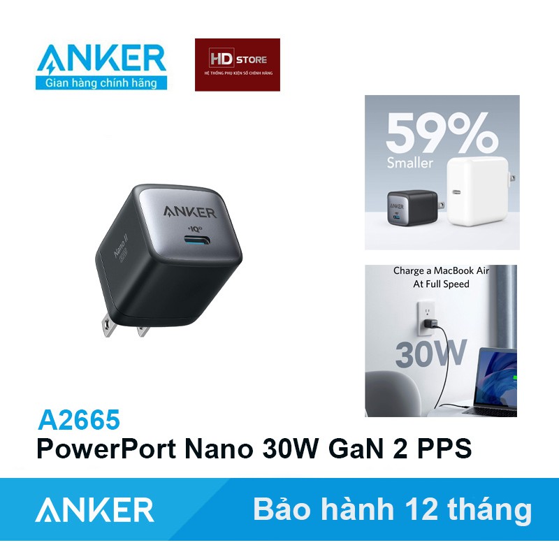 Sạc Anker PowerPort Nano II 30W GaN Thế hệ 2 PPS  - Mã A2665 Sạc nhanh Iphone Siêu nhanh Samsung