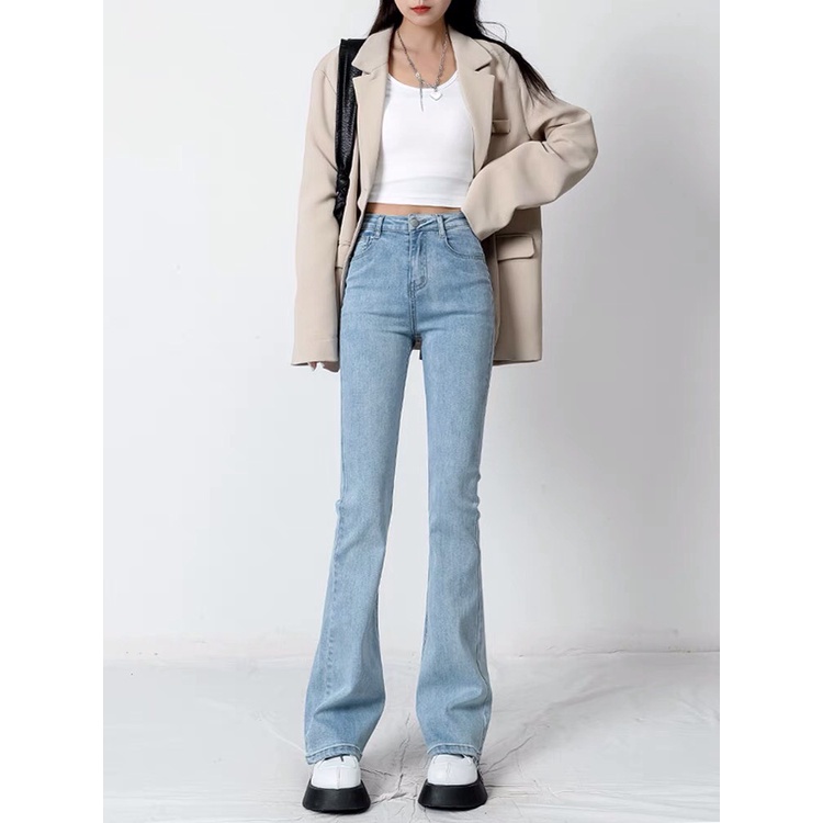 Quần bò jean nữ ống loe đứng rộng suông co giãn jeans cạp cao cao cấp Hottrend 2022 Beushop