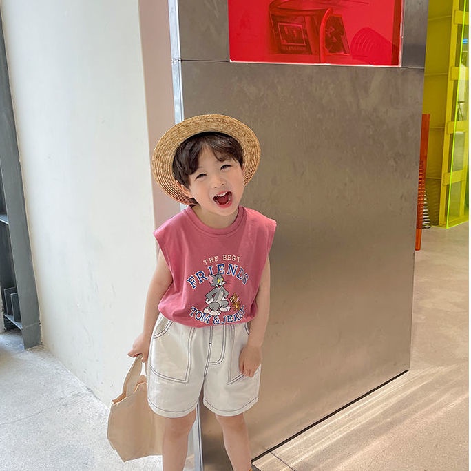 [Babycat] Hàng Có Sẵn Áo Thun Sát Nách Dáng Rộng Mỏng Phong Cách Hàn Quốc Nhật Bản Mùa Hè In Hình Mèo Chuột Phong Cách Phương Tây Cho Bé Trai Mặc Ngoài Trời
