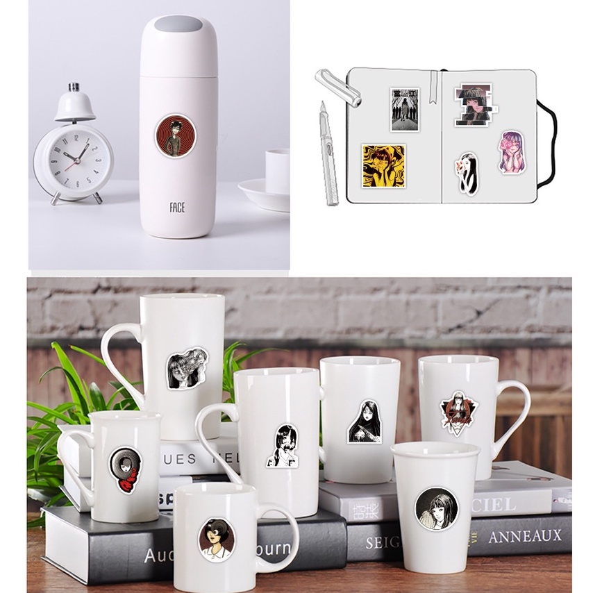 Set 100/50 Nhãn Dán Họa Tiết Truyện Tranh Kinh Dị Nhật Bản Màu Trắng Đen Trang Trí Hành Lý/ Ván Trượt/ Laptop