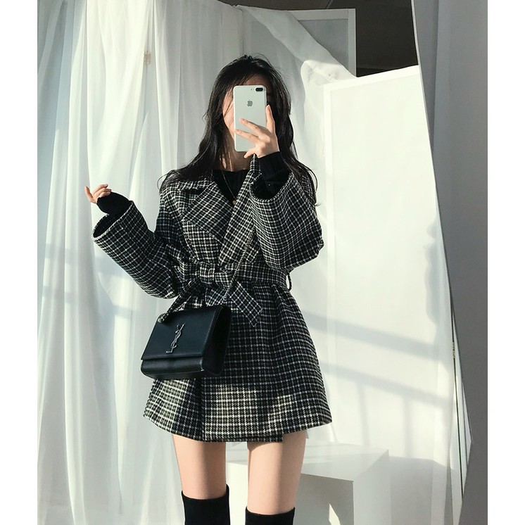  Áo Khoác Dạ Dáng Blazer Kèm Đai, Áo Khoác Blazer Dạ Kẻ Caro Phong Cách Hàn Quốc | BigBuy360 - bigbuy360.vn
