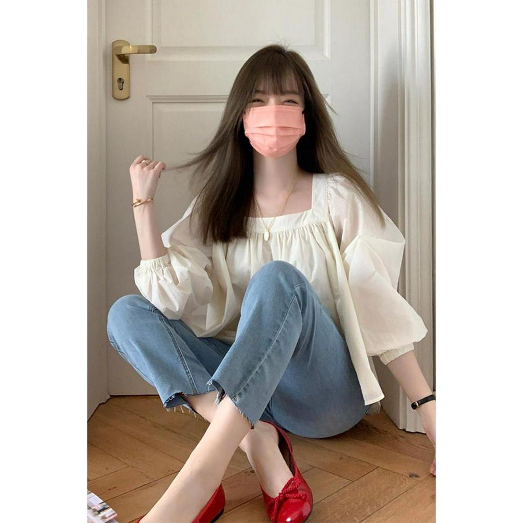 61937 Áo Sơ Mi Cổ Vuông Màu Rắn Rời Mùa Hè