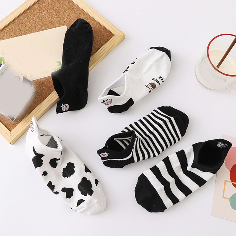 XIXI Vớ cổ thấp vô hình thêu họa tiết bò sữa hoạt hình phong cách Harajuku thời trang mùa hè cho nữ