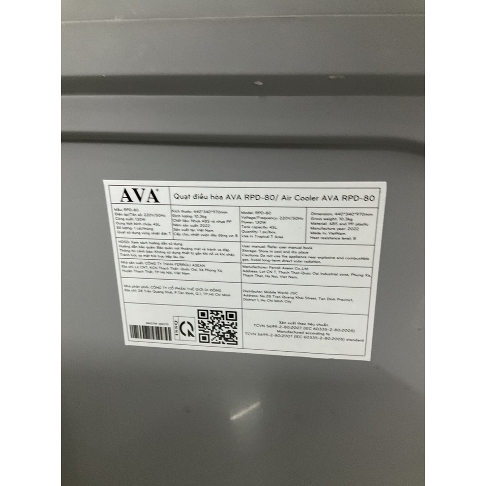 Quạt hơi nước AVA RPD-80 45 lít có remote - Hàng trưng bày