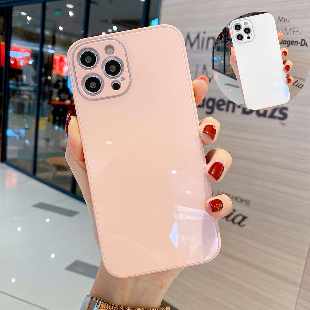 Ốp điện thoại kính cường lực màu trơn cho iPhone 13 12 11 Pro Max Mini X XR XS Max 8 7 Plus SE 2020