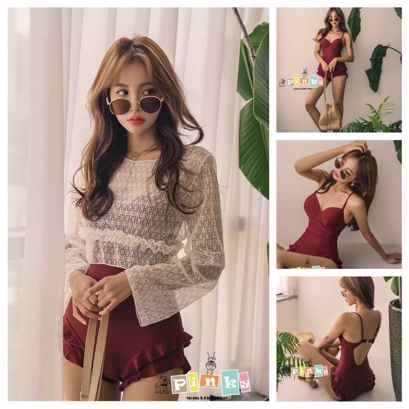 Đồ bơi nữ liền thân, bikini 1 mảnh màu đỏ, áo tắm liền 2 dây kèm áo choàng ren