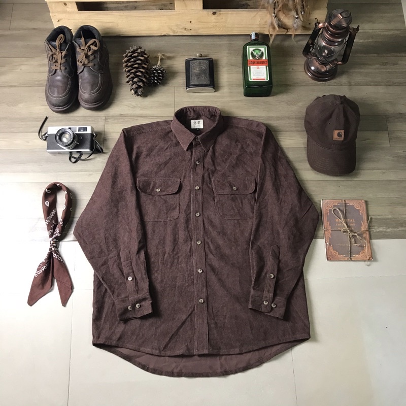 Áo sơ mi nhung tăm unisex S.T màu nâu đất, vintage, retro, bụi bặm