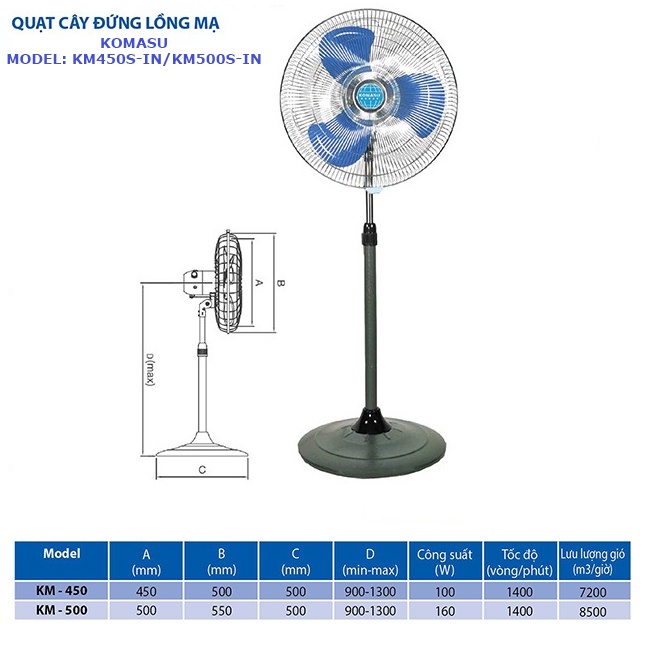 Quạt Cây công nghiệp Komasu KM 500 IN -Quạt đứng thân mạ-chắc ,khoẻ,bền,giá rẻ,chính hãng -bảo hành 12 tháng