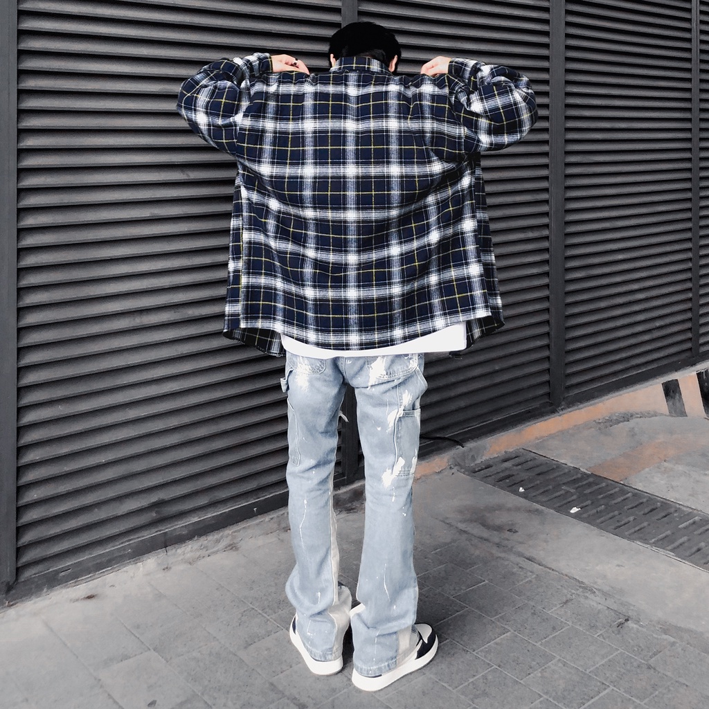 Áo Sơ Mi Flannel Màu Xanh Sọc Trắng Form Rộng Thoải Mái Chất Liệu Cotton Thoáng Mát