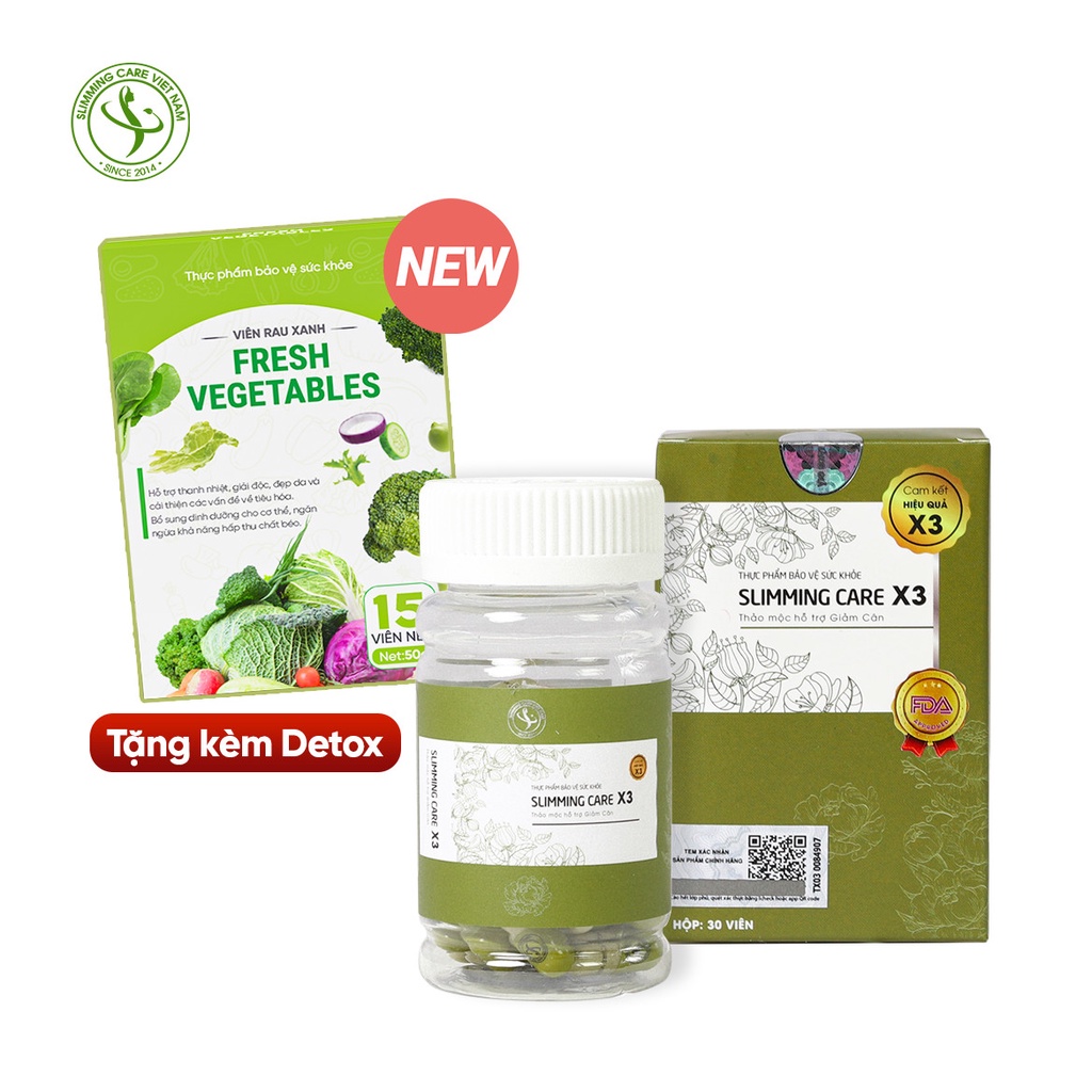 Thảo mộc giảm cân Slimming Care X3 loại mới tặng thêm viên rau củ detox 1 hộp 30 viên