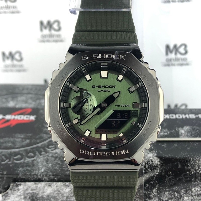 Đồng hồ thép Nhật Bản GM-2100 Kim loại hình bát giác Viền kỹ thuật số GM-2100-1 GM-2100B-3 Đồng hồ t