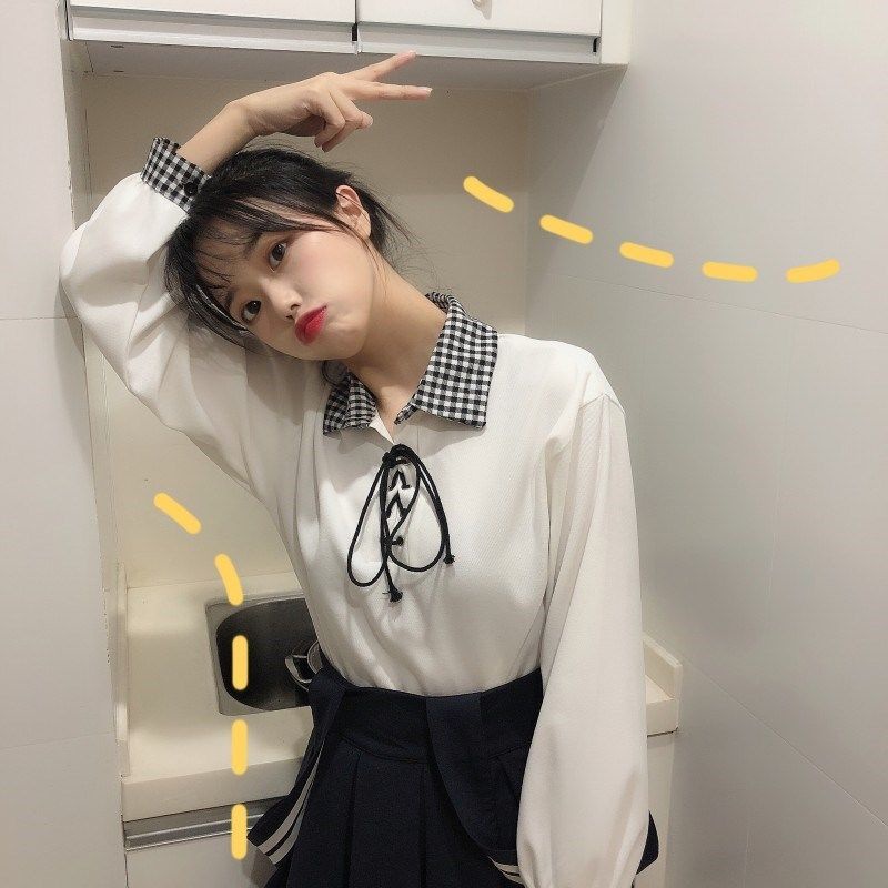 Áo polo Tay Dài Cổ Thắt Nơ Họa Tiết Caro Thời Trang Dành Cho Nữ