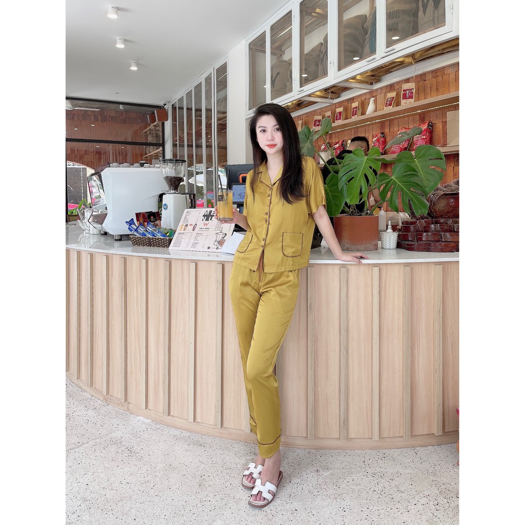 Bộ lụa luxury Xinh cổ pijama quần dài tay cộc cánh dơi X455 (nhiều màu)