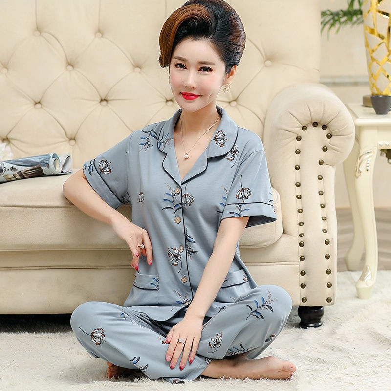 Đồ ngủ & Đồ mặc nhà✙Đồ ngủ bà mẹ trung niên cotton quần ngắn tay mùa hè cho người và già mặc ở nhà bộ hai mảnh